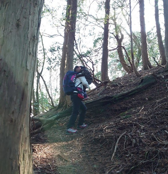 眠ってしまった息子を抱えて、堂床山の山頂手前の急斜面を登る親