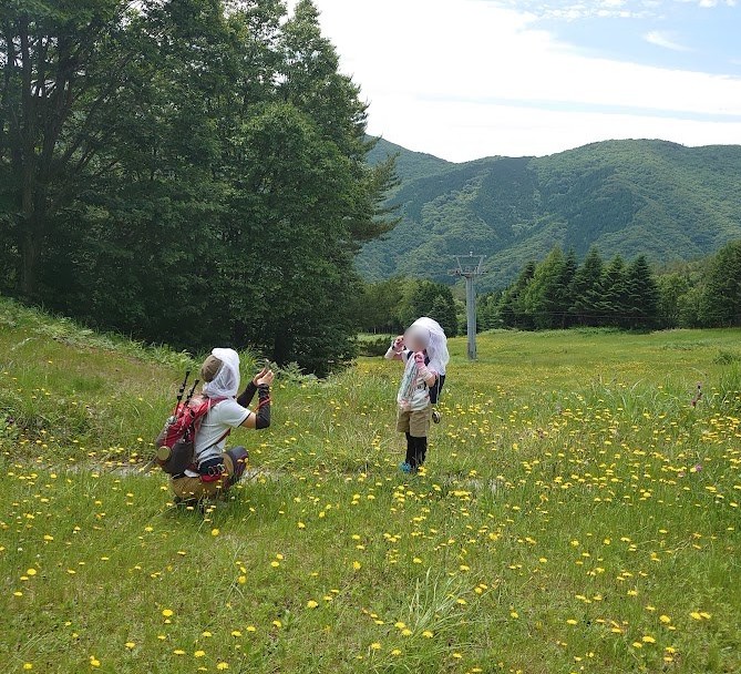 恐羅漢山のゲレンデの花畑で立ち止まり、虫除けネットをかぶって過ごす子どもたち