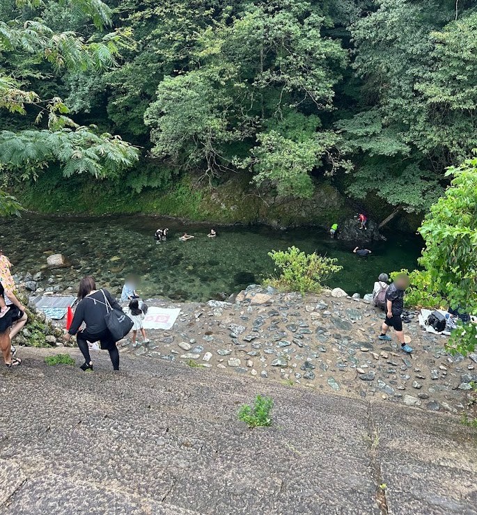 上から見た水内川の河原と川遊びをする人たち