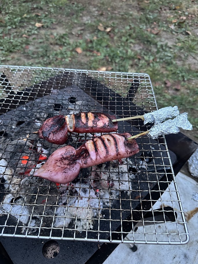 炭火の網の上で焼いているイカの姿焼き