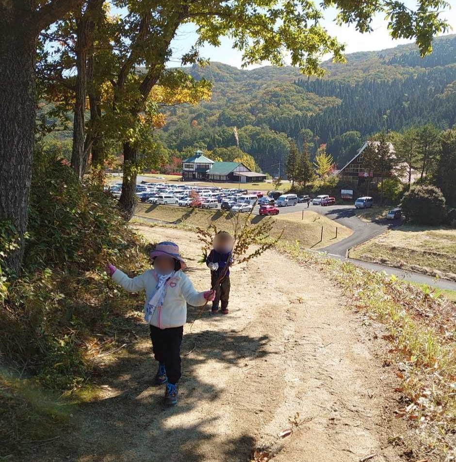 深入山の登山道の序盤、木陰の道を歩く6歳の娘と3歳の息子
